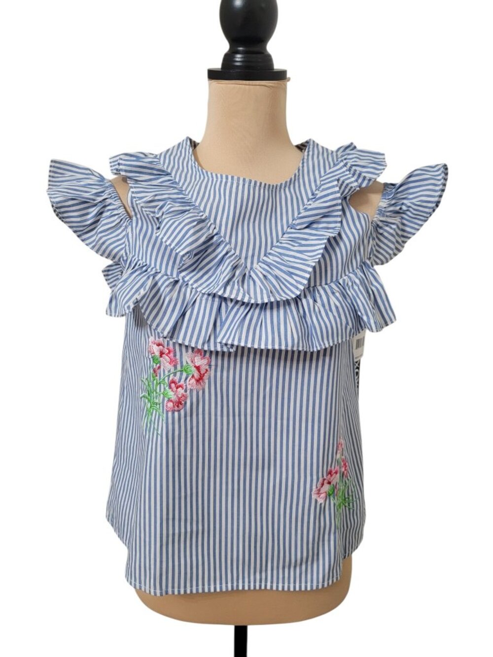 XOXO Size S Blue & White Striped Ruffled Cold Shoulder with Embroidery Blouse